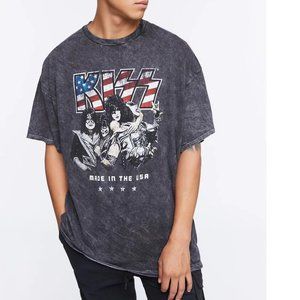 KISS Band USA Flag Logo Photo Acid Wash metal rock Official T-Shirt L big NWT